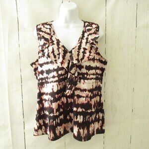 Ann Taylor Top 12 L XL Black Pink Tie Dye Print Ruffle Sleeveless V Neck